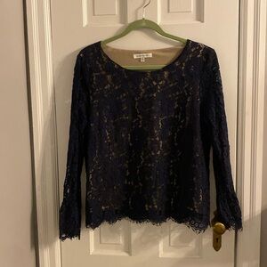 ROSE & OLIVE Navy blue lace blouse with nude under fabric. Size XL.
